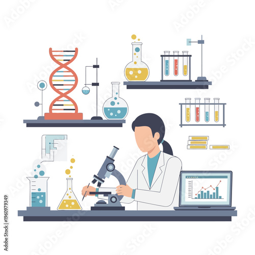 Scientist working with microscope and DNA model in modern laboratory, research concept