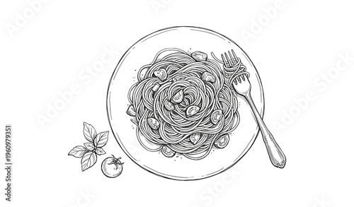 Monochrome drawing of a spaghetti plate with tomatoes and basil on a white background
