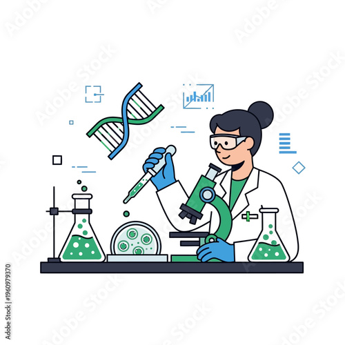 Biologist working with microscope and DNA helix in laboratory, science flat illustration