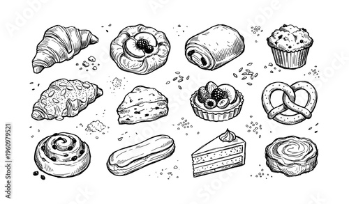 Hand-drawn assorted pastries including croissant, muffin, pretzel, and cake slice in black and white