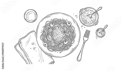 Hand-drawn illustration of italian spaghetti with fork and seasoning on table