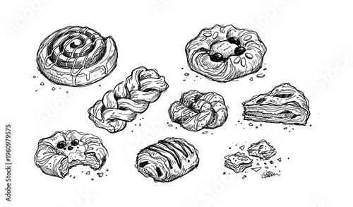 Variety of hand-drawn pastries with intricate details and textures