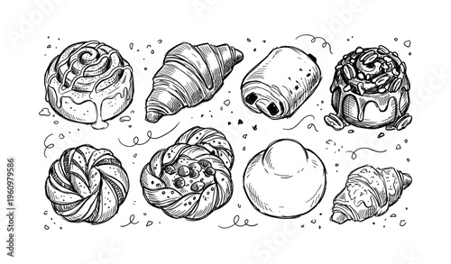 Assorted pastries: croissant, danish, roll, and sweet breads in sketch style