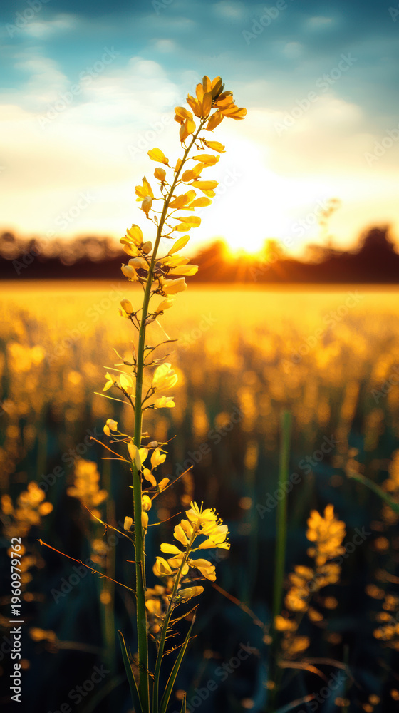 Obraz premium Rapeseed flower yellow blossom field sunset sunlight nature summer landscape outdoor agriculture vibrant scene