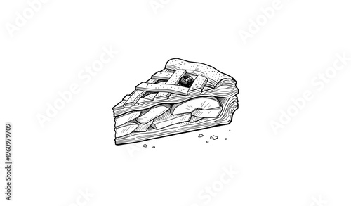 Detailed hand-drawn sketch of a slice of fruit pie with crisscross lattice crust