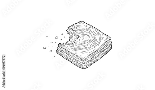 Hand-drawn pastry square with bite and crumbs on white background