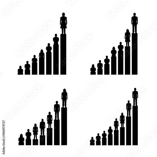 Business people on bar graphs rising.