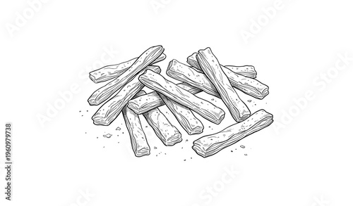 Detailed pen drawing of grissini breadsticks on white background