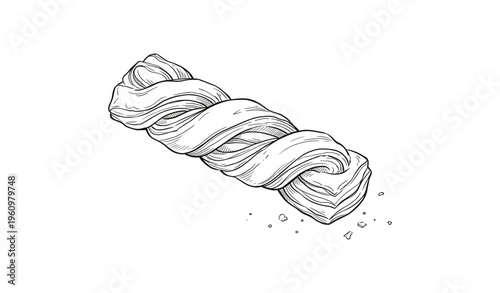 Hand-drawn twisted pastry sketch with crumbs on white background