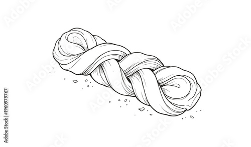 Monochrome drawing of a braided pastry with crumbs on white background