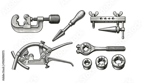 Vintage metalworking tools collection with pipe cutter and wrench