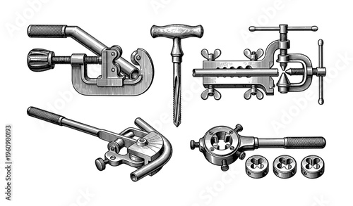 Vintage metalworking tools set including pipe cutter and hand drill in engraved style