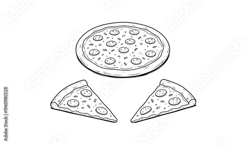 Hand-drawn pepperoni pizza with two slices