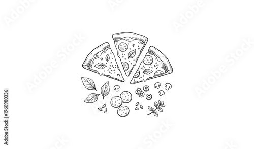 Black and white pizza slices with ingredients and leaves illustration