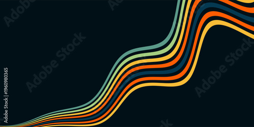 Abstract colorful 70s background vector. Vintage retro wallpaper with rainbow stripes and wavy lines. A 1970 color illustration suitable for posters, banners, decorative items and wall art.