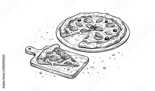 Hand-drawn pizza slice on wooden board with whole pizza topped with pepperoni and basil