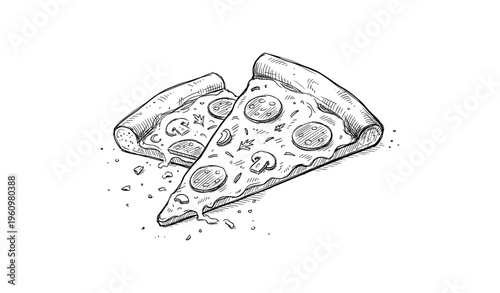 Hand-drawn pepperoni and mushroom pizza slices on white background