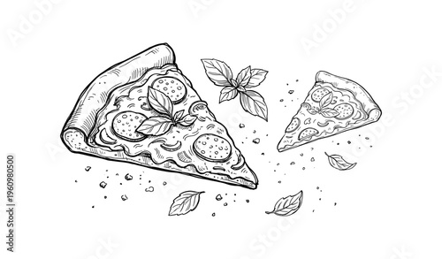 Hand-drawn pizza slices with basil and pepperoni in black and white sketch