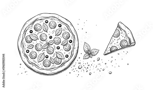 Hand-drawn pizza with slice, pepperoni, and basil leaves on white background