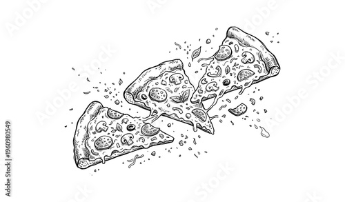 Hand-drawn black and white pizza slices with mushrooms and pepperoni