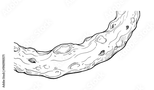 Hand-drawn space rock with craters and uneven surface in black and white