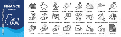 Finance icon set collection. Icon pack contains investing, financial growth, investment , financial analysis, benefit 