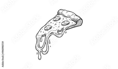 Sketch of melting pepperoni pizza slice with cheese drips
