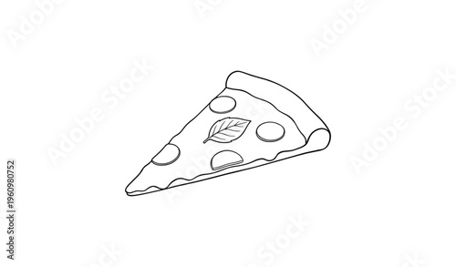 Line art pizza slice with pepperoni and leaf