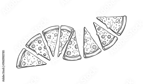 Hand-drawn pizza slices art with varied toppings arranged uniquely