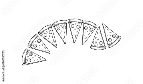 Hand-drawn pizza slices arranged in half-circle pattern