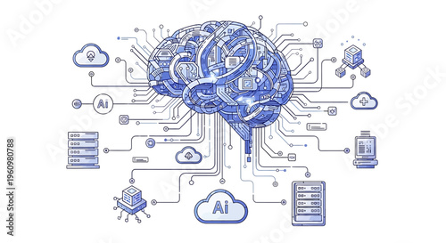 Brain with artificial intelligence circuitry and icons.