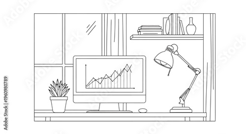 A line drawing of a workspace with a computer and graph on the screen.