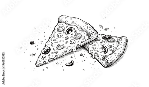 Hand-drawn pizza slices with mushrooms and pepperoni sketch