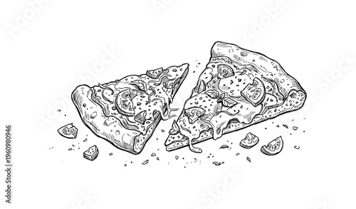Hand-drawn black and white pizza slices with toppings and cheese