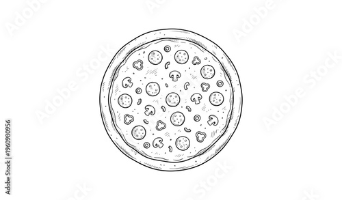 Hand-drawn black and white pizza with pepperoni and mushrooms