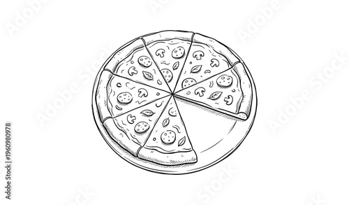 Hand-drawn pizza sketch with toppings on plate