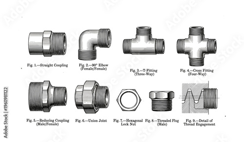 Plumbing fittings and pipe connectors in detailed illustrations