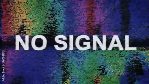 A television screen displays a No Signal message on a multicolored background