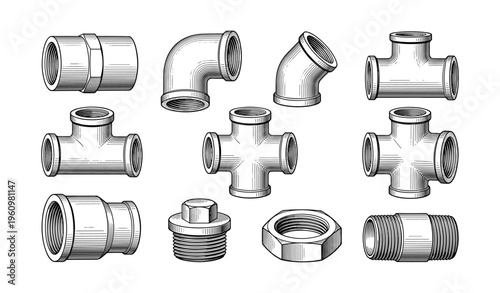 Assorted metal pipe fittings collection in detailed black and white illustration