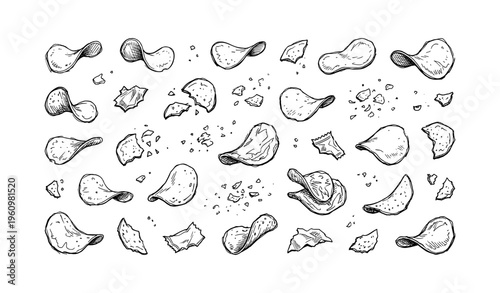Hand-drawn potato chips and crumbs pattern illustration in black and white