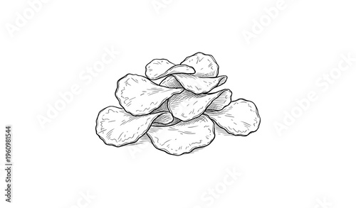 Hand-drawn sketch of potato chips pile in monochrome