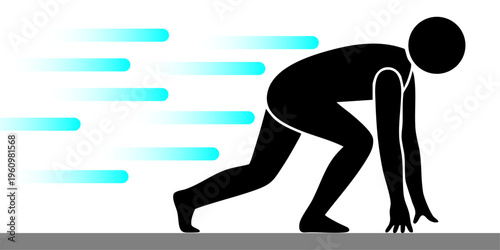 Minimalist Vector Illustration of a Black Stick Figure Athlete in a Race Starting Position on a White Background with Blue Speed Lines Perfect for Business Launch Concept