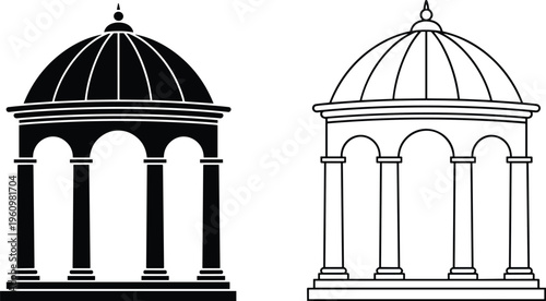 Gazebo icon set with classic rotunda, black solid silhouette and thin line art style, isolated on white background, architecture vector.