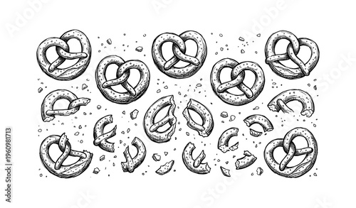 Hand-drawn sketch of pretzels with crumbs on white background