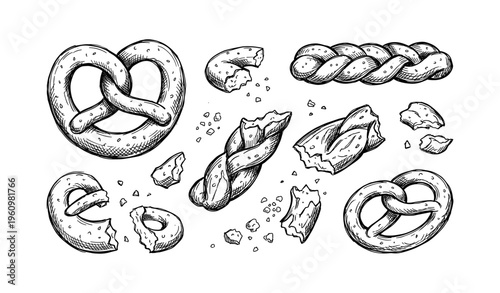 Hand-drawn assorted pretzels and braided bread with crumbs