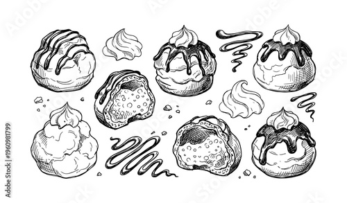 Assorted cream puffs with chocolate drizzle and whipped toppings