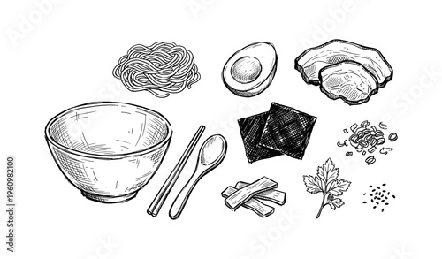 Hand-drawn ramen ingredients with bowl, noodles, egg, pork, and seasonings