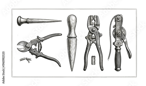 Antique woodworking tools collection with awl, auger, and pliers