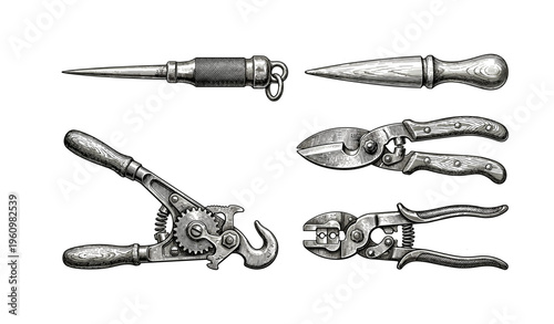 Vintage metal tools set with awl, pliers, and can opener on white background