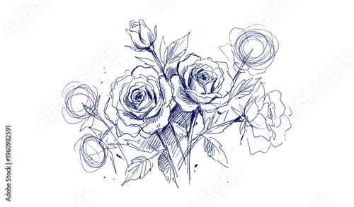 Intricate blue ink sketch of roses and buds with detailed floral linework
